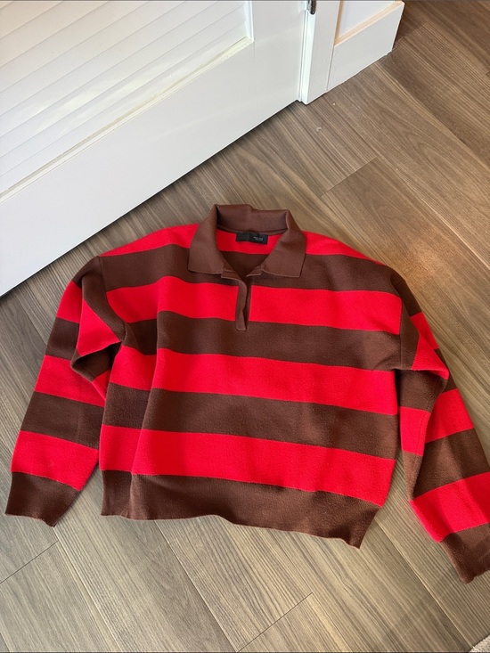 Zara Sweaters - Zara Women's Red and Brown Striped V-Neck Sweater